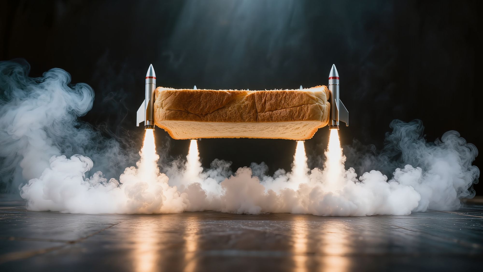 A slice of toast hovering on four firing thrusters